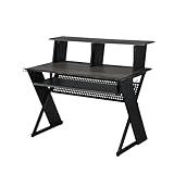 THEMEPT Organize Your Music Workspace with Black Music Desk, Spacious Surface, Ergonomic Keyboard Tray, Stylish Earphone Rack, Essential for Musicians