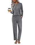 Ekouaer Two Piece Loungewear Set Women's Cotton Sleepwear Long Pajamas Comfy Sleepshirt with Pants Pjs Set Gray,S