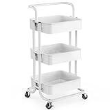 Pipishell 3 Tier Mesh Utility Cart, Rolling Metal Organization Cart with Handle and Lockable Wheels, Multifunctional Storage Shelves for Kitchen Living Room Office White