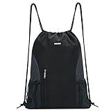 WANDF Drawstring Backpack Sports Gym Sackpack with Mesh Pockets Water Resistant String Bag for Women Men(Black)