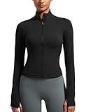 CRZ YOGA Butterluxe Womens Cropped Slim Fit Workout Jackets - Weightless Track Athletic Full Zip Jacket with Thumb Holes Black Small