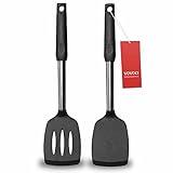 2 Pack Spatulas, Solid & Slotted Silicone Spatula Set, Stainless Steel Handle Coated with Silicone, Non Stick Turners, Heat Resistant Rubber Spatulas for Fish, Eggs, Pancakes, WOK, Black