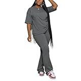 PINSV Womens Sets 2 Piece Outfits Casual Short Sleeve Top and Flare Pants Lounge Sets Tracksuit Grey L