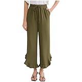 One Day Shipping Items Wide Leg Pants for Women High Waist Ruffle Hem Solid Palazzo Pant Loose Casual Cute Beach Vacation Trouser with Pocket Pantalones De Yoga