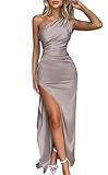 Memoriesea Women's Sexy One Shoulder Satin High Split Cocktail Wedding Party Maxi Dress Shallow Apricot