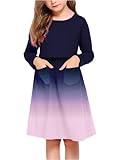 Arshiner Little Girls Dress Long Sleeve Solid Color Casual Skater Pocket Dress Navy Blue Gradient Kids 6-7 Years