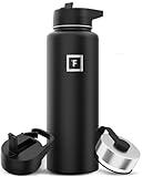 IRON °FLASK Camping & Hiking Hydration Flask with 3 Lids - Stainless Steel, Double Walled & Vacuum Insulated Water Bottle - Leak Proof & BPA Free (Midnight Black, Straw - 40 oz)