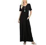 Zenana Women's Premium Casual Long Relaxed Loose T-Shirt Maxi Dress with Half Sleeves and Pockets (Black, 1XL)