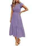 ZESICA Women's 2025 Summer Casual Flutter Short Sleeve Crew Neck Smocked Elastic Waist Tiered Midi Dress,Violet,Large