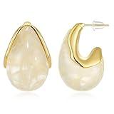 KissYan Acrylic Teardrop Earrings for Women, 14K Gold Plated Resin Chunky Hoop Earrings, Lightweight Hollow Open Drop Hoops Translucent Hypoallergenic Vintage Fashion Jewelry Gifts (Beige)
