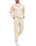 COOFANDY Men's Tracksuit 2 Piece Half-zip Sets Athletic Tracksuit Jogging Suits Beige M