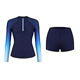 ATTRACO Women Two Piece Rash Guard Sets Zip Up Swim Shirts with Shorts & Bra Slim Fit Wetsuits Top Blue XL