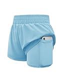 Haloumoning Girls Athletic Shorts High Waist Elastic 2 in 1 Running Shorts with Side Pockets 5-14 Years Blue