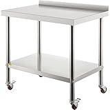 VEVOR Stainless Steel Prep Table, 36 x 24 x 35 Inch, 440lbs Load Capacity Heavy Duty Metal Worktable with Backsplash Adjustable Undershelf & 4 Casters, Commercial Workstation for Kitchen Restaurant