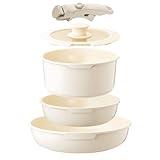 White Non-Stick Ceramic Cookware Set, 5-Piece Pots and Pans Set with Detachable Handles, Perfect for Everyday Cooking, RV Camping, and Compact Kitchens, Induction Compatible, PFOA & PTFE Free