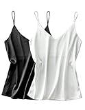 Ekouaer Womens Satin Tank Tops 2 Pack Silky Camisole V Neck Spaghetti Strap Blouses Sleeveless Cami Shirt White/Black Large