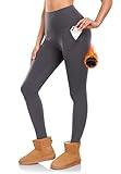 DHSO Fleece Lined Leggings Women with Pockets-Thermal High Waisted Tummy Control Warm Winter Workout Yoga Pants Dark Grey