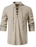 AIFARLD Men's Long Sleeve Shirts Retro Style Lace up for Medieval,Viking,Hippie Matching Cosplay Pirate Renaissance Costume Khaki