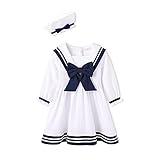 bonbonPomme Baby Toddler Girl Nautical Dress with Hat 100% Cotton Long Sleeve Playwear Dress White 3-6 Months