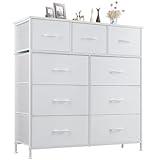 DUMOS Dresser for Bedroom, Storage Drawers, Fabric Storage Tower with 9 Drawers, Chest of Drawers with Fabric Bins, Sturdy Metal Frame, Wood Tabletop for Kids Room, Closet, Entryway, Nursery, White