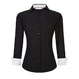 WARHORSEE Womens Button Down Shirt Long Sleeve Work Dress Shirts, V Neck Easy Care Stretchy Business Casual Blouses for Women(Black,XL)