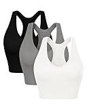 ODODOS 3-Pack Seamless Racerback Crop Tank for Women Ribbed Knit Soft Crop Tops, White+Gray+Black, Medium/Large