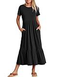 ANRABESS Women Summer Casual Short Sleeve Crewneck Aline Swing Flowy Tiered Shirt Maxi Beach Long Dress 2024 Trendy Outfits Black X-Large