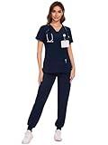 COZYFIT Scrubs for Women - V-Neck Top & Cargo Pants Scrubs Set with 10 Pockets - Navy Blue, M