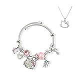 Cute Charm Bracelet, Adjustable Stainless Steel Composite Bangle, Classic Cartoon-Designed Jewelry. A Silver Bracelet Makes The Gift for Female Girlfriends, Best Friends, or Sisters. (2PCS-PINK-B)