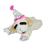 Multipet Lamb Chop Dog Plush Toy w/Birthday Hat - Squeaky Dog Toy for All Dogs - Soft Plush Dog Toy - Stuffed Animal Dog Toy for Playing - Cute Dog Birthday Toy (10.5”, Pink Hat, 5 Squeakers)