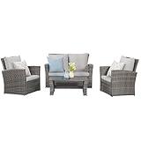 Wisteria Lane 4 Piece Outdoor Patio Furniture Sets, Wicker Conversation Set for Porch Deck, Gray Rattan Sofa Chair with Cushion