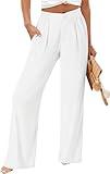 TOPYOGAS Womens Summer Linen Boho Wide Leg Casual Pants Palazzo Button High Waist Lounge Travel Vacation Outfits White