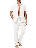 JMIERR Men 2 Piece Outfit Short Sleeve Beach Button Down Shirt Casual Cool Vacation Summer White Pants Sets, 3XL