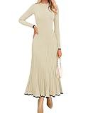 ZESICA Women's Long Sleeve Sweater Dress Fall Crewneck Ribbed Knit Pleated A-Line Maxi Wedding Guest Dresses,Apricot,Medium