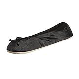 isotoner women's Satin Ballerina Slippers with Classic Ribbon Suede Sole, Black soft tie bow, 8-9