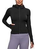 CRZ YOGA Womens Butterluxe Full Zip Workout Hoodie Jackets Slim Fit Hooded Athletic Yoga Lightweight Jacket with Thumb Holes Black X-Large