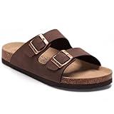 Litfun Women's Cork Footbed Sandal Summer Slip On Slide Sandals with Adjustable Buckle, Brown Size 8-8.5