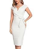 MUXXN Women's Lady Classic Short Sleevel V Neck Midi Pencil Special Occasion Dress Off White XL