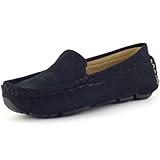 PPXID Girls Boys Suede Leather Slip-on Loafers Casual Boat Shoes Dress Shoes Oxford Flats-Black 5 US Size