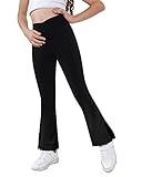 Teen Girls Bootcut Yoga Pants Kids Active Crossover Split Hem Flare Leggings with Pockets Black