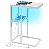 Yoobure LED C Shaped End Table with Charging Station, Small Side Tables for Living Room Bedroom, TV Tray Table with USB Ports and Outlets for Small Spaces, C Table for Couch Sofa, Bed Side Table