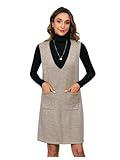 OYOANGLE Women's V Neck Sleeveless Knitted Solid Short Sweater Dress with Pockets Khaki M