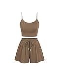 CIDER Two Piece Sets for Women Pajama Sets Short Sets Crop Tops & Dawstring Wide Leg Shorts Going Out Sets Summer 2025: Khaki, L