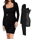 Popilush Long Sleeve Cocktail Dress for Women Fall Midi Dresses Shapewear Tummy Control Black Bodycon Dress Built-in Bra