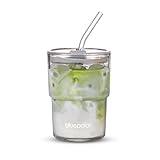 BLUEPOLAR 13oz/400ml Glass Water Tumbler with Straw and Lid Sealed Carry On Thick Wall Iced Coffee Cup Glass Cup for Water, Iced Tea Fruit Juice Etc(Aurora White