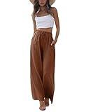 Faleave Women's Cotton Linen Summer Palazzo Pants Flowy Wide Leg Beach Trousers with Pockets(Rust-L)