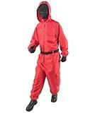 HPO Adult Unisex K-drama Survival Game TV Show Soldier Cosplay Costume Bundle, Red Jumpsuit Face Shield Belt Gloves, Soft Polyester Fibers (Large)