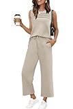 WIHOLL Two Piece Set for Women Summer Outfits Vacation Trendy Lounge Sets Round Neck Matching Sets Women Clothing Wide Leg Crop Pants Set Travel Airport Sweat Set Resort Wear Beige M