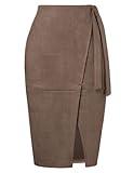 Kate Kasin 2025 Women's Suede Skirts, High Waist Bow Tie Knee Length Skirt, Stretch Bodycon Pencil Skirt with Slit Coffee