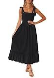 ZESICA Women's Summer Boho Spaghetti Strap Square Neck Solid Color Ruffle A Line Beach Long Maxi Dress,Black,Large